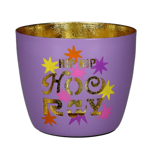 Windlicht "HIP HIP HOO RAY" - lila/gold