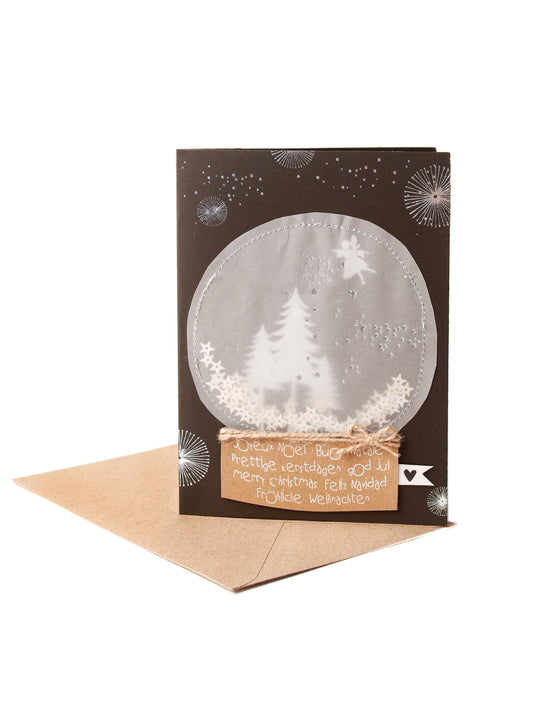 Schneekugelkarte Joyeux Noël, Buon Natale, Prettige Kerstdage, God Jul, Merry Christmas, Felit Navidad, Fröhliche Weihnachten