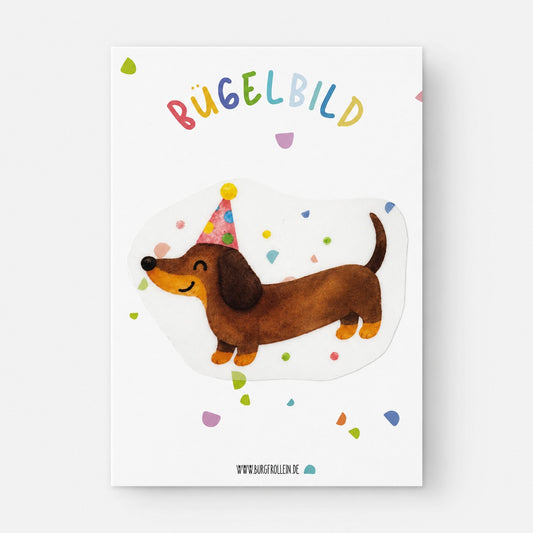 Bügelbild "Dackel mit Partyhut" zum Aufbügeln (A6)