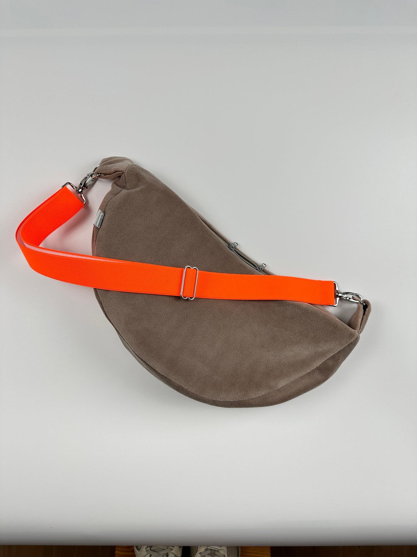 CROSSBODY BAG - NICKY VELOURS TAUPE + NEON ORANGE