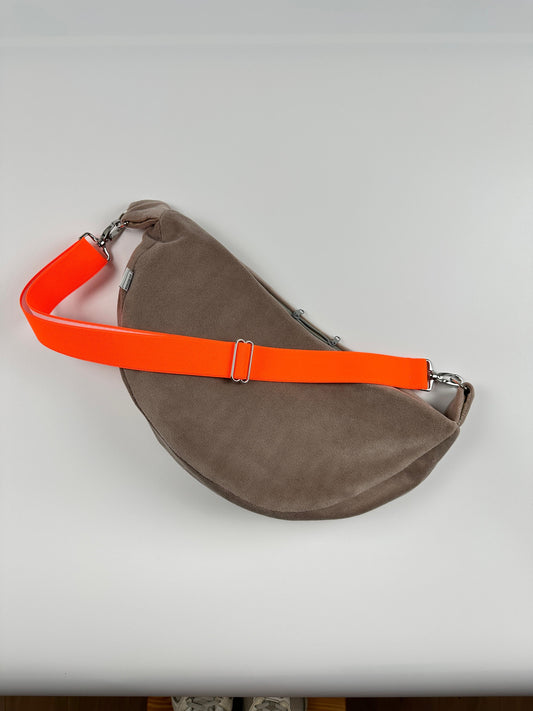 CROSSBODY BAG - NICKY VELOURS TAUPE + NEON ORANGE