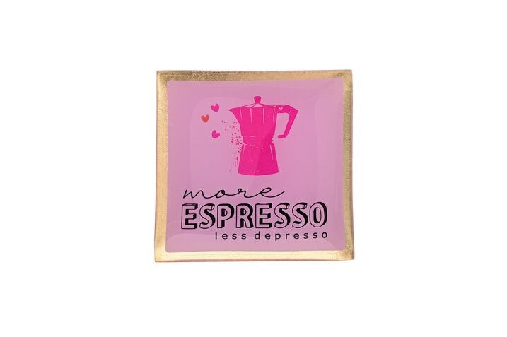 Glazen bord "MORE ESPRESSO LESS DESPRESSO" - roze