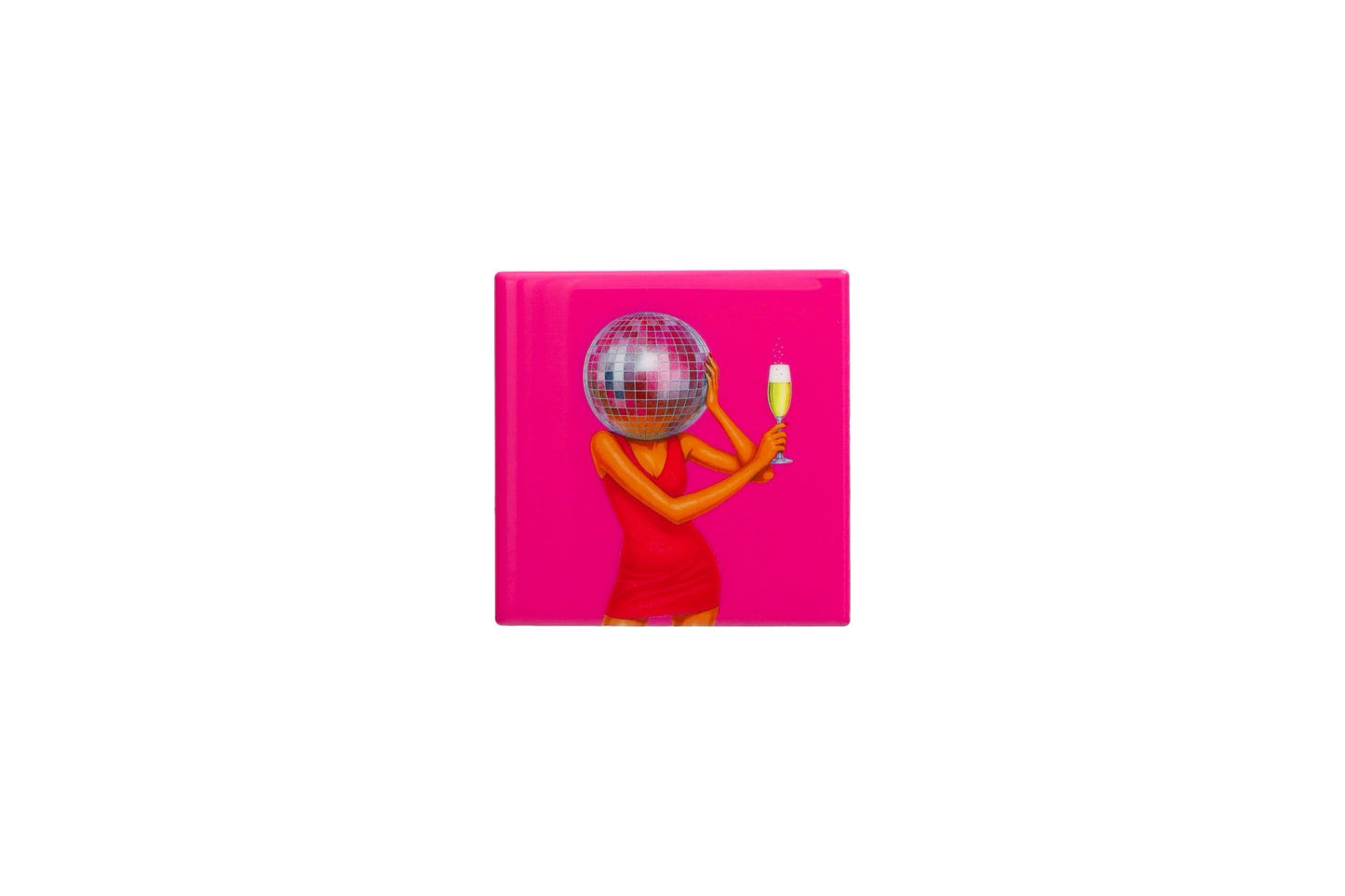 Love Tiles Fliese/ Untersetzer "FRAU MIT DISCOKUGEL", neon pink