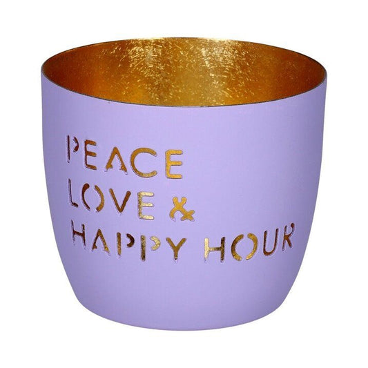 Windlicht "Peace, Love & Happy Hour" Lila/Gold