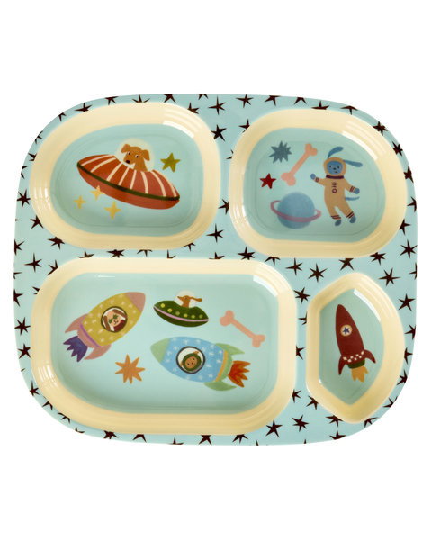 Melamine Children's Plate with 4 Sections -Light Blue- Dogs in Space Print
