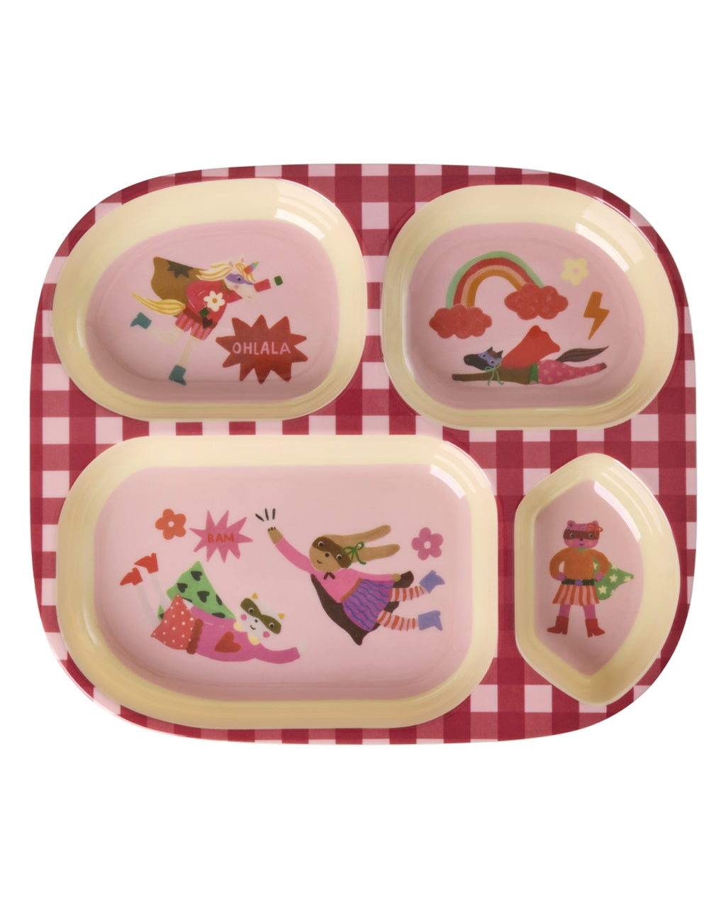 Melamine kinderbord met 4 vakken -Roze- Superheldenprint