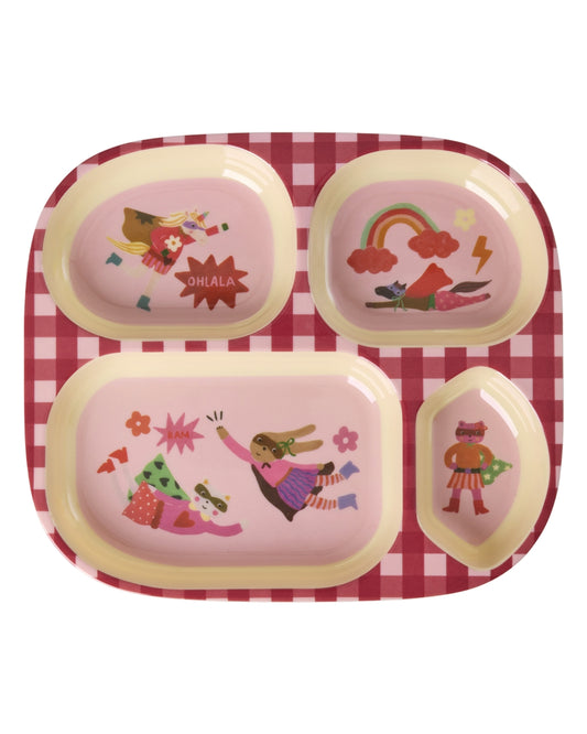 Melamin Kinderteller mit 4er Einteilung -Pink- Superheld Print