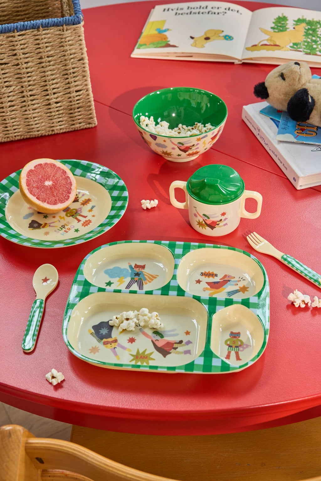 Melamine kinderbord met 4-vaksindeling -Groen- Superheldenprint