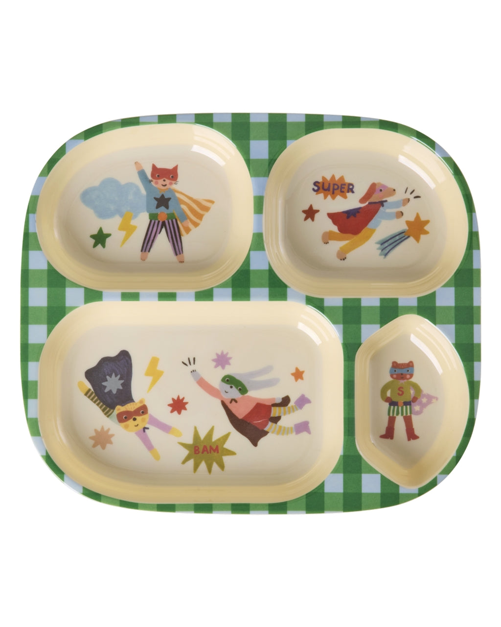 Melamine kinderbord met 4-vaksindeling -Groen- Superheldenprint