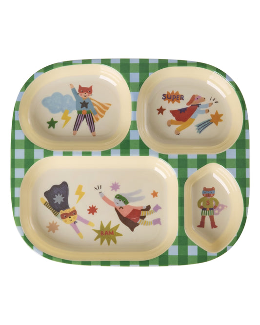 Melamin Kinderteller mit 4er Einteilung -Grün- Superheld Print