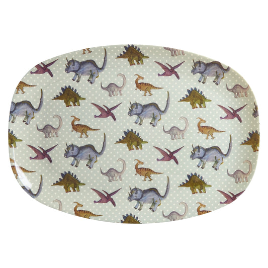 Rechteckig Melamin Kinderteller - Graublau - New Dino Print