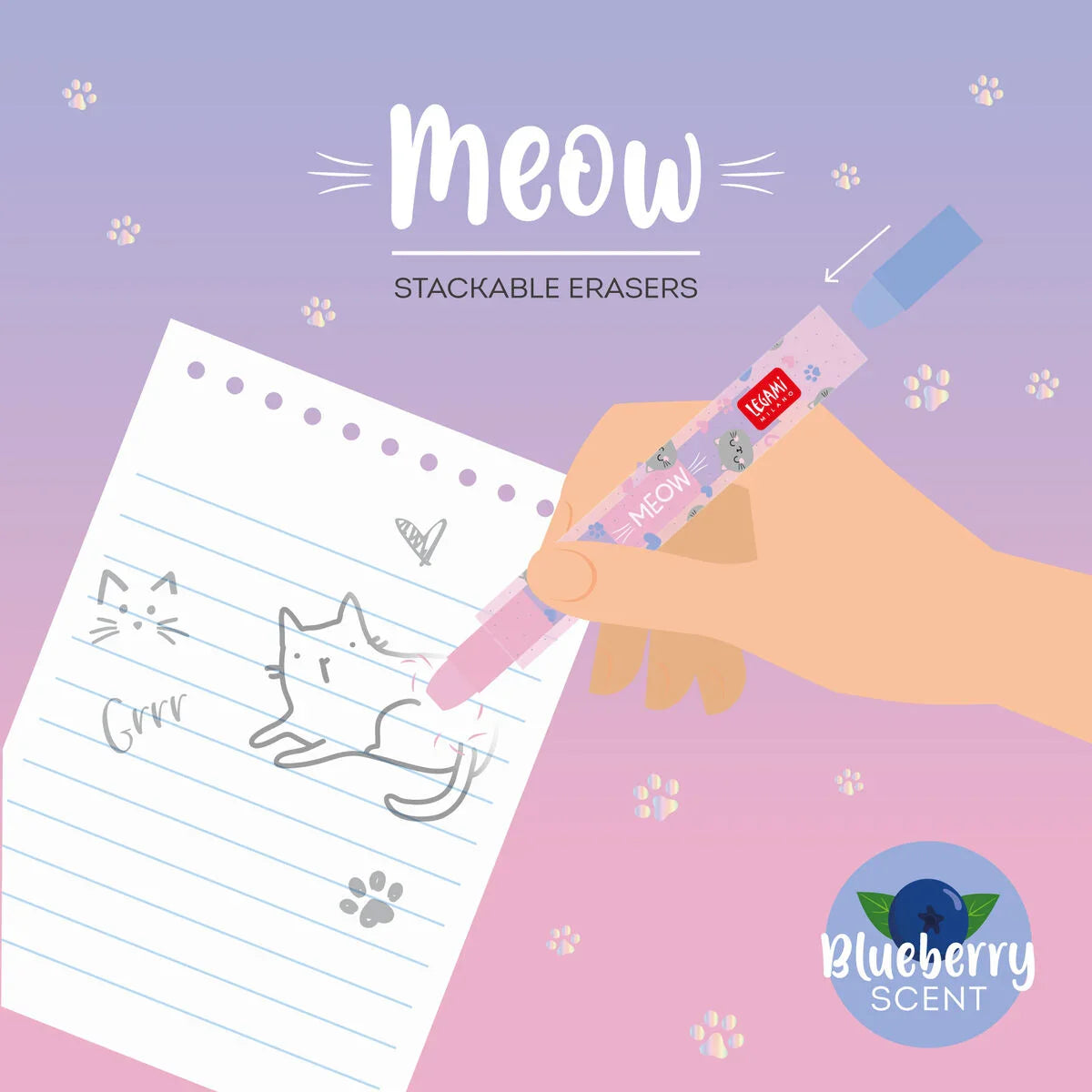 Stapelbarer Radiergummistift "Meow Kitty" mit Katzen-Motiv von Legami (mit Blaubeer-Duft)